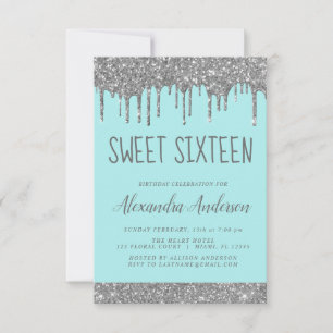 Silver Teal Glitter Sparkle Elegant Sweet 16 Invitation