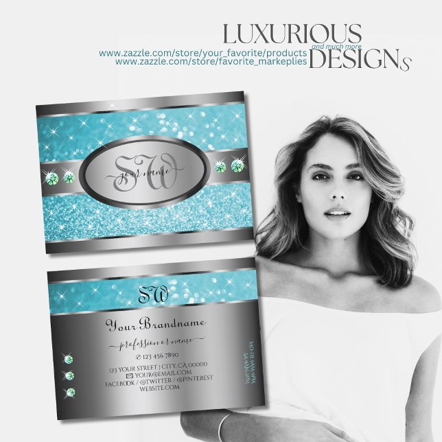Silver Teal Glitter Sparkle Rhinestones Initials Business Card (Creator Uploaded)