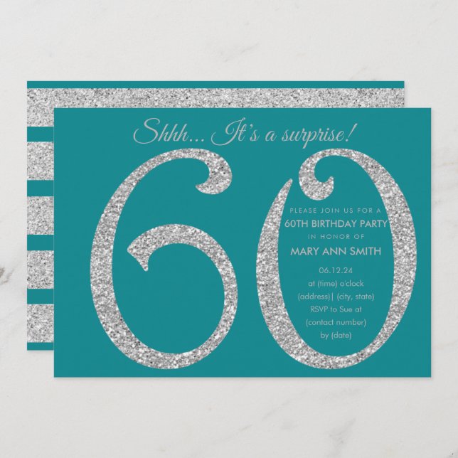 Silver Teal Glitter Surprise 60th Birthday Party Invitation (Front/Back)