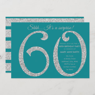 Silver Teal Glitter Surprise 60th Birthday Party Invitation