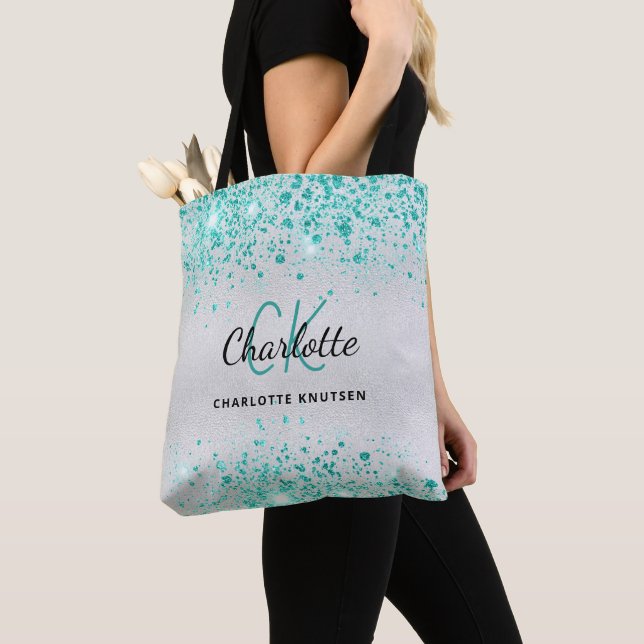 Silver teal green glitter monogram name glamourous tote bag (Close Up)