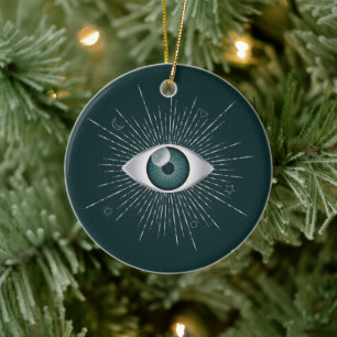 Silver, Teal Green Mystic Aqua Evil Eye Nazar Mati Ceramic Ornament