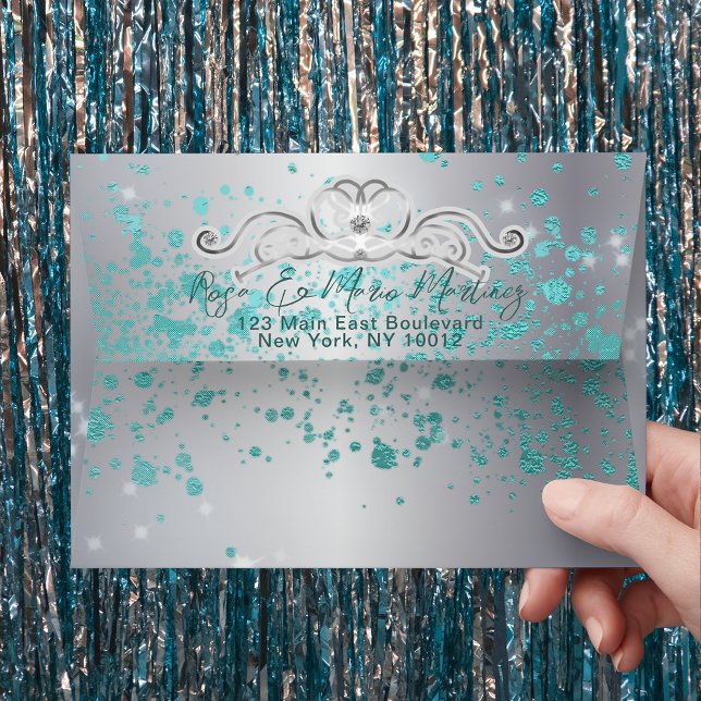 Silver Teal Jewelled Tiara Quinceañera Envelope (Creator Uploaded)