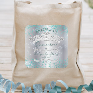 Silver Teal Jewelled Tiara Quinceañera Square Sticker