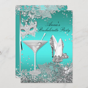 Silver Teal Mask & Jewel Lace Bachelorette Party Invitation