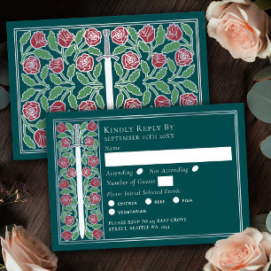 Silver Teal Mediaeval Floral Sword Wedding RSVP Card