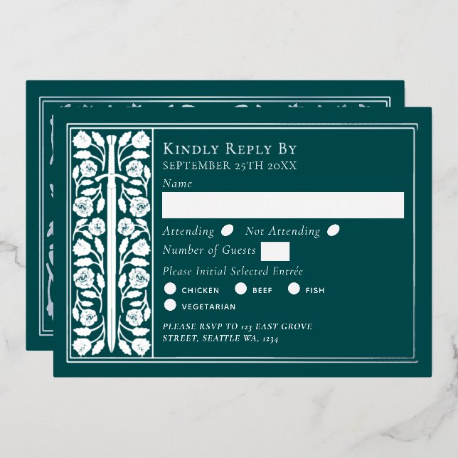 Silver Teal Medieval Sword Wedding RSVP (Front/Back)