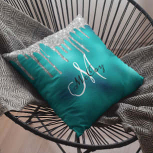 Silver Teal Metal Glitter Look Drips Monogram Cushion