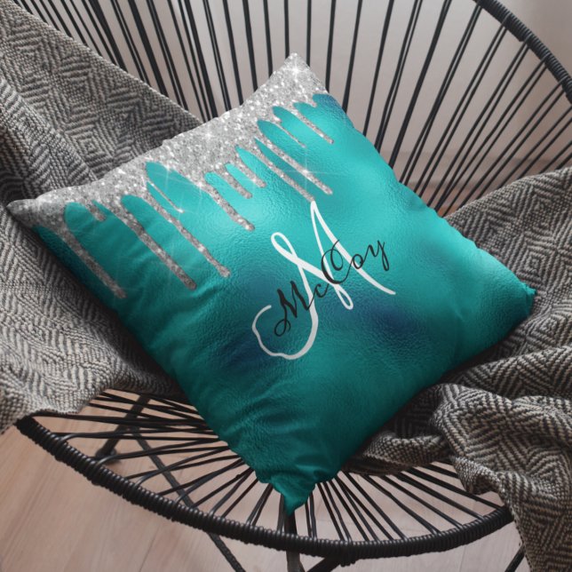Silver Teal Metal Glitter Look Drips Monogram Cushion (Creator Uploaded)