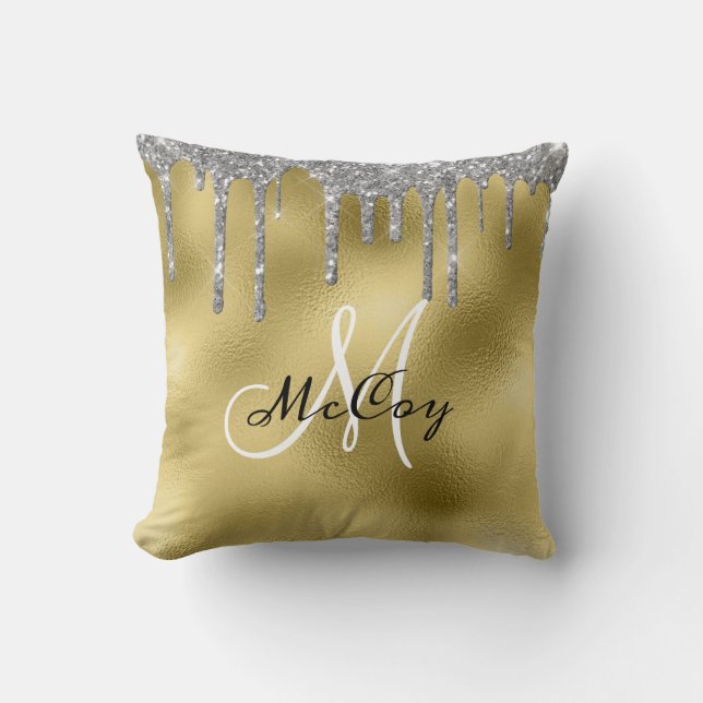 Silver Teal Metal Glitter Look Drips Monogram Thro Cushion (Front)