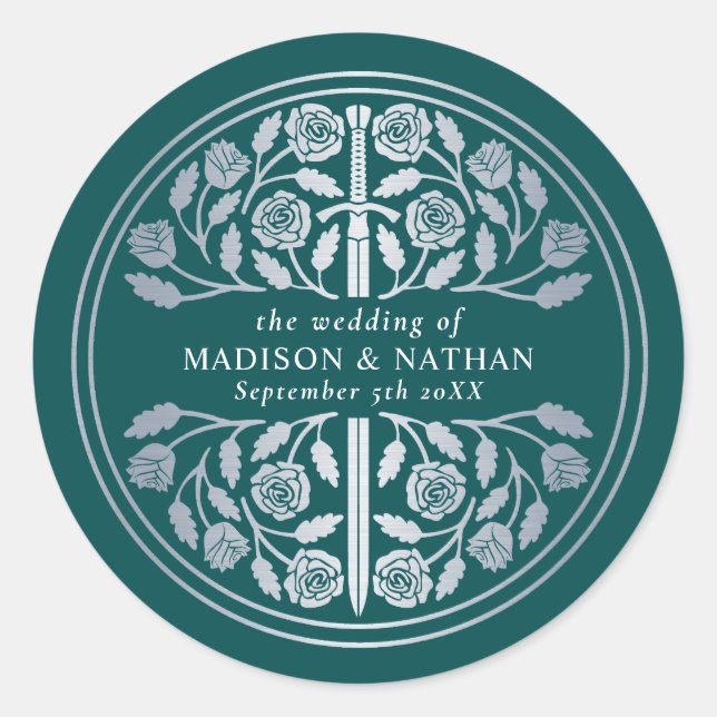 Silver Teal Royal Mediaeval Sword Wedding  Classic Round Sticker (Front)