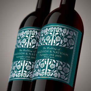 Silver Teal Royal Mediaeval Sword Wedding Wine Label