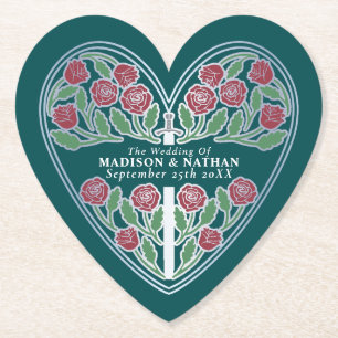 Silver Teal Royal Medieval Floral Sword Wedding Paper Coaster