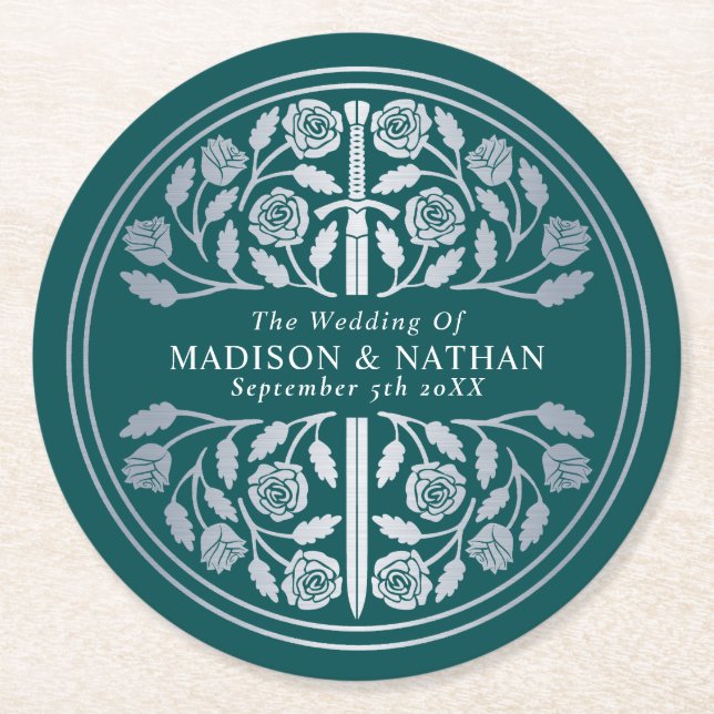 Silver Teal Royal Medieval Sword Wedding Round Paper Coaster (Front)