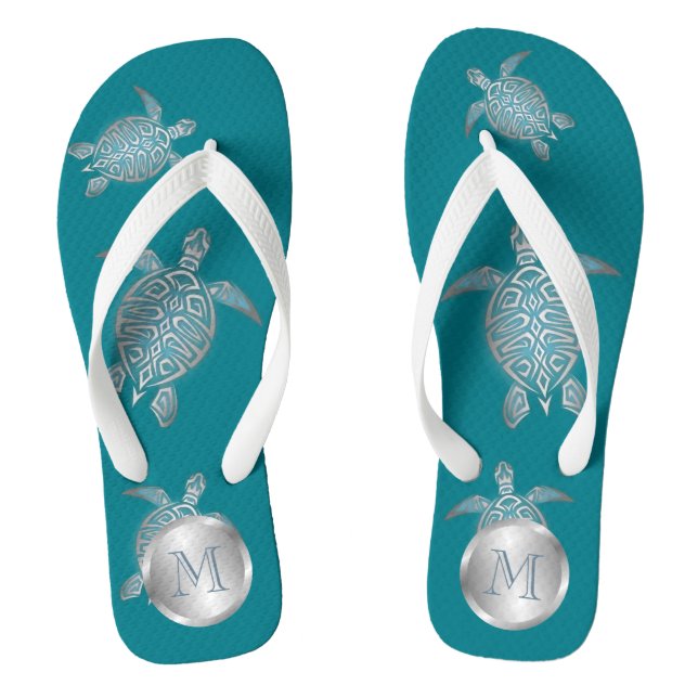 Silver Teal Sea Turtle Coastal Monogram Thongs (Footbed)