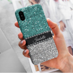 Silver Teal Sparkle Glam Bling Personalised Case-Mate iPhone Case