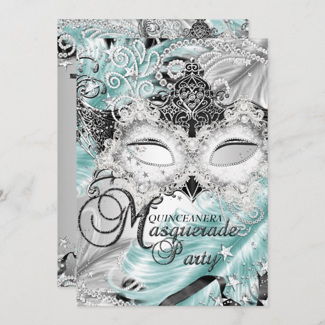 Silver Teal Sparkle Mask Masquerade Quinceanera Invitation (Front/Back)