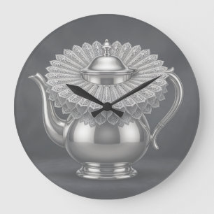 Silver Teapot & Lace Ruff Unique Regency Style Tea Large Clock