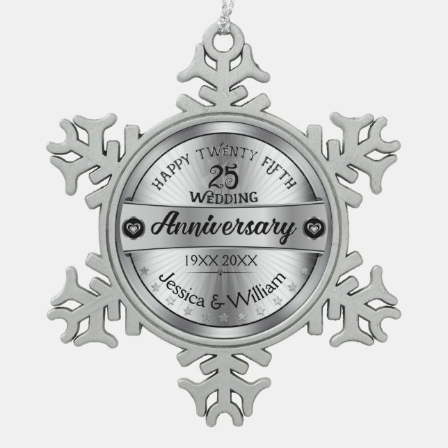 Silver & Text Design 25th Wedding Anniversary Snowflake Pewter Christmas Ornament (Front)