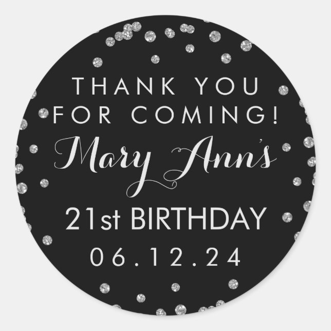 Silver Thank You 21st Birthday Confetti Black Classic Round Sticker (Front)