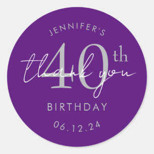 Silver "Thank You" 40th Birthday Party Purple Classic Round Sticker