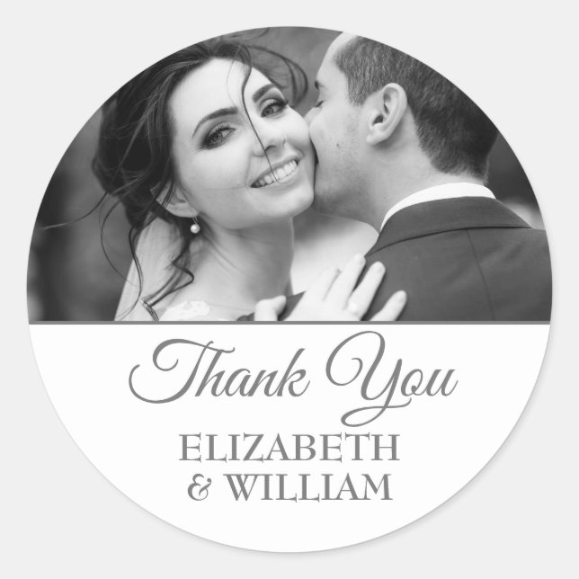 Silver Thank You Script Wedding Anniversary Photo Classic Round Sticker (Front)