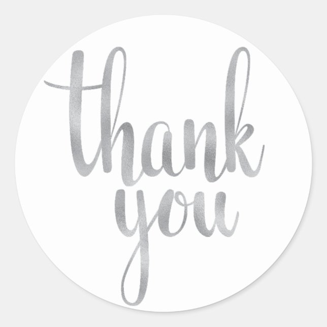 Silver thank you stickers, foil font classic round sticker (Front)
