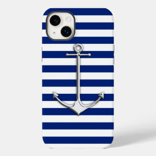Silver Thin Anchor on Nautical Stripes iPhone Case