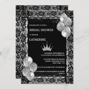 Silver tiara black lace balloons elegant party  invitation