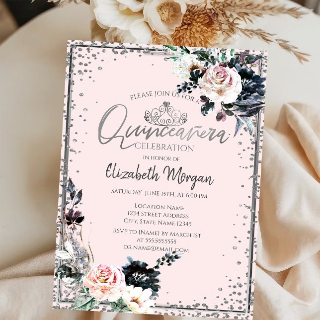 Silver Tiara,Diamond Frame White Flowers  Invitation (Creator Uploaded)