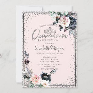 Silver Tiara,Diamond Frame White Flowers  Invitation