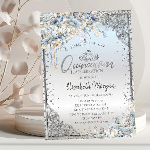 Silver Tiara,Diamonds Blue Flowers Quinceañera  Invitation