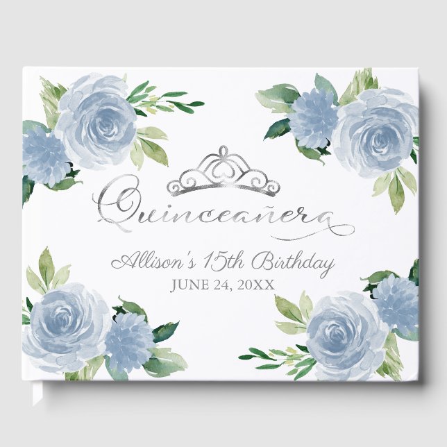 Silver Tiara Light Blue Floral Quinceanera  Guest Book (Front)