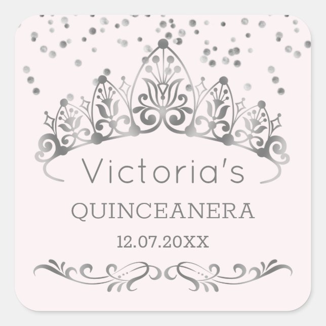 Silver tiara, polka dot confetti Quinceanera Square Sticker (Front)