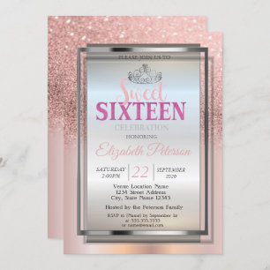 Silver Tiara, Rose Gold Glitter Sweet 16 Party Invitation