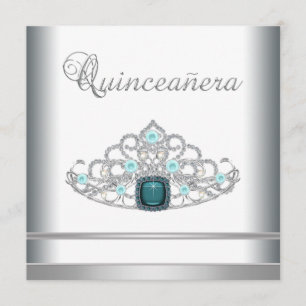 Silver Tiara Teal Blue Quinceanera Invitation