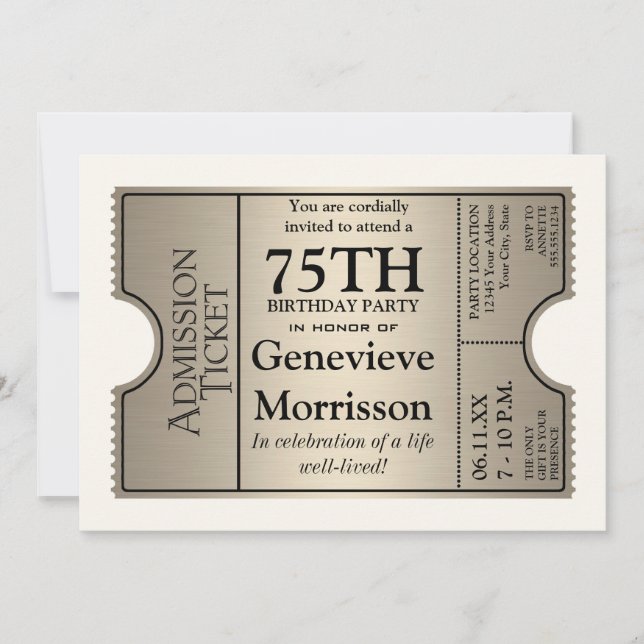 Silver Ticket Style 75th Birthday Party Invite (Front)