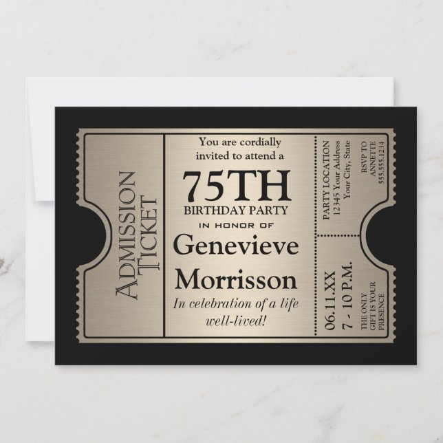 Silver Ticket Style 75th Birthday Party Invite (Front)