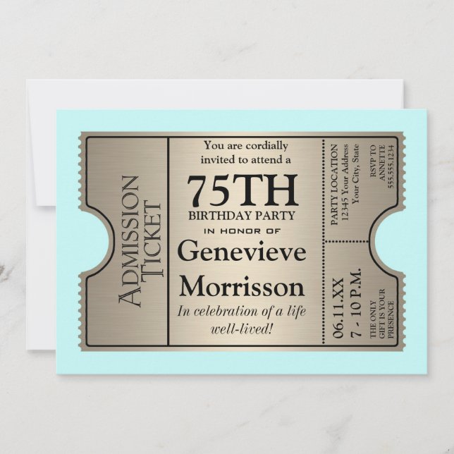 Silver Ticket Style 75th Birthday Party Invite (Front)