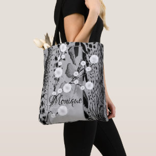 Silver Tiger Print Floral Personalised Tote Bag