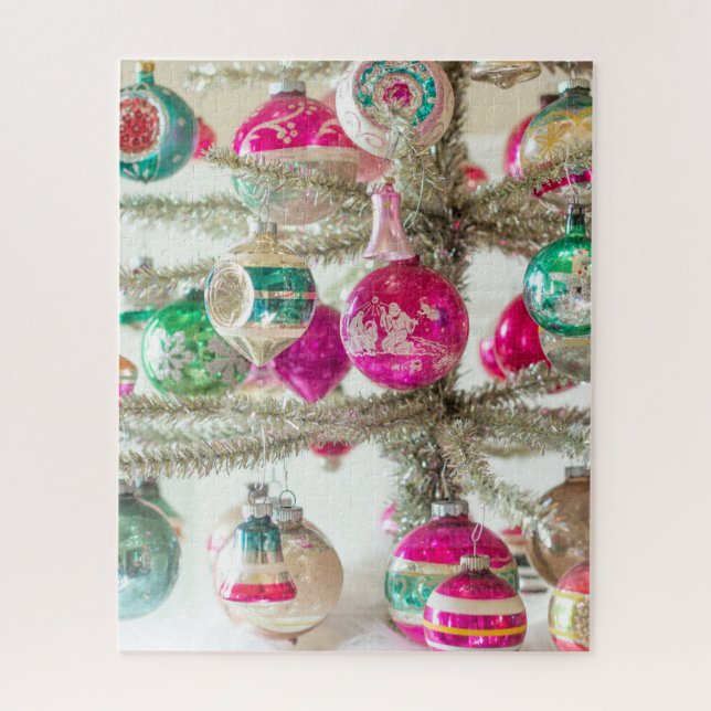 Silver Tinsel Tree with Shiny Brite Ornaments Jigsaw Puzzle (Vertical)