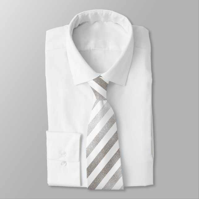 Silver Tone and White Striped Pattern Neck Tie (Tied)