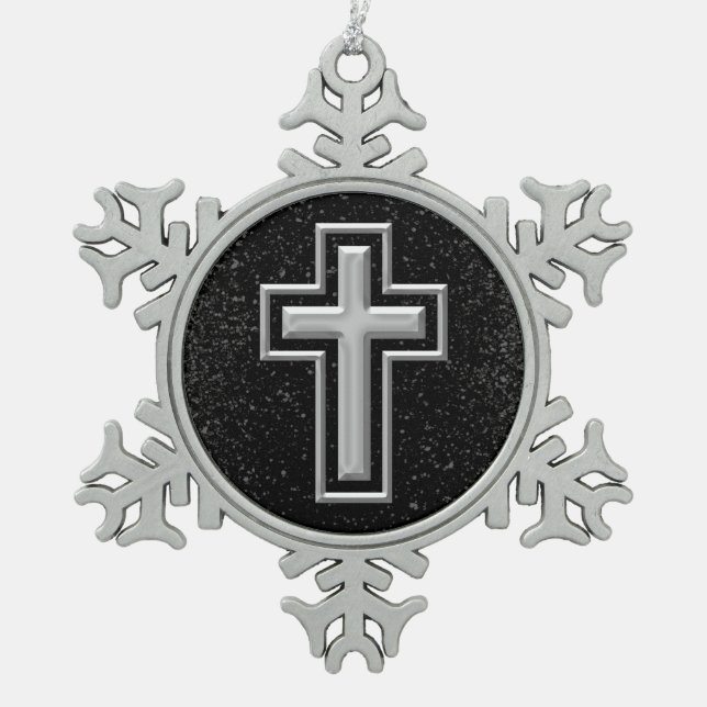 Silver Tone Christian Cross on Black Sparkle Snowflake Pewter Christmas Ornament (Front)