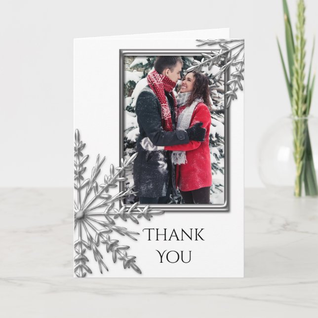 Silver Tone Winter Snowflake Thank You Note Photo Card (Front)