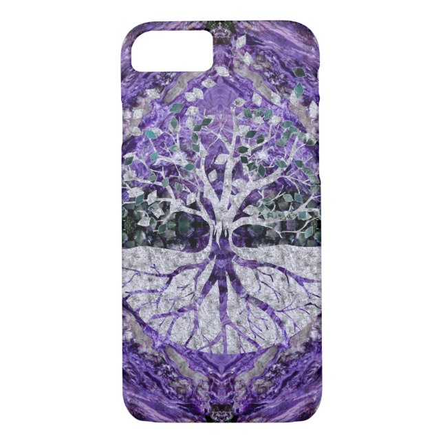 Silver Tree of Life Yggdrasil on Amethyst Geode Case-Mate iPhone Case (Back)