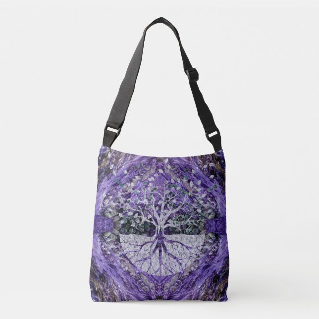 Silver Tree of Life Yggdrasil on Amethyst Geode Crossbody Bag (Front)