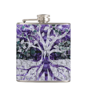 Silver Tree of Life Yggdrasil on Amethyst Geode Hip Flask