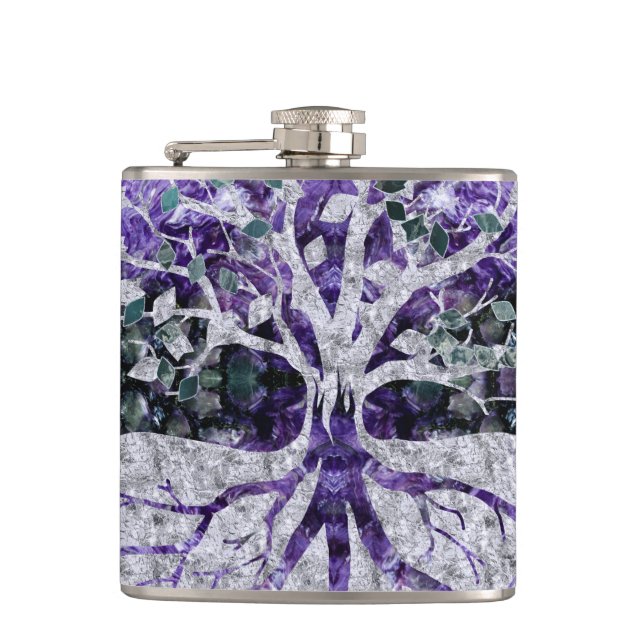Silver Tree of Life Yggdrasil on Amethyst Geode Hip Flask (Front)
