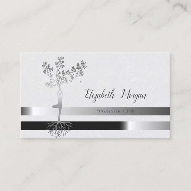 Silver Tree Silhouette, Stripes, Yoga Business Card (Front)