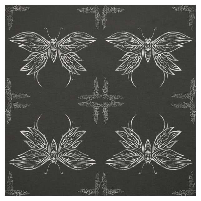 Silver Tribal Butterfly Goth Quilt Block Fabric (Swatch)
